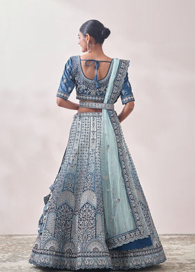 alt message - Mohey Women Coral Blue Floral Art Nouveau Patterned Bridal Lehenga image number 4